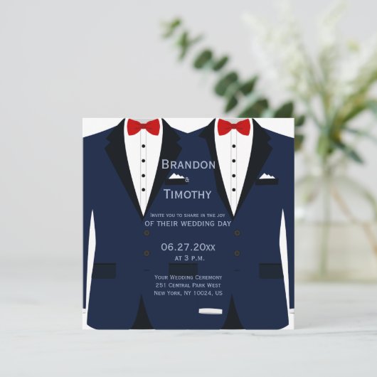 カスタムスクエアブルーとホワイトゲイ結婚式の招待 招待状 (スタンド正面)