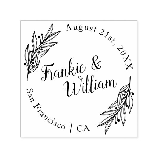 カスタムスクリプエレガントトと葉 |ラウンド結婚ズ セルフインキングスタンプ (デザイン)