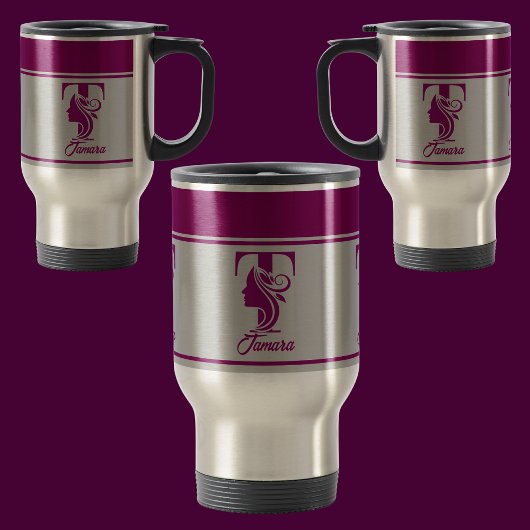 カスタムスタイリッシュピンク名モノグラム文字(T) トラベルマグ