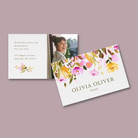 カスタムスタイリッシュピンク水色フローラ写真 名刺