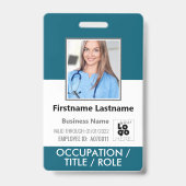 カスタムスタッフフォト、バーコード、+ロゴBayou Blue Name バッジ (正面)