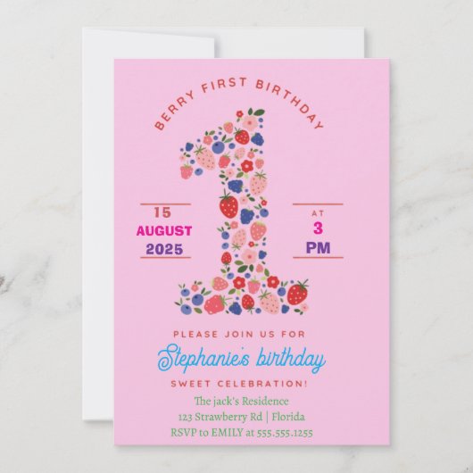 カスタムストロベリー1st誕生日パーティーベリーファースト 招待状 (正面)