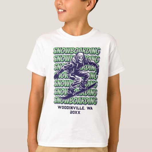 カスタムスノーボードの場所の日付名 Tシャツ (正面)
