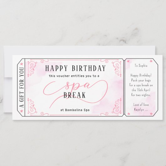 カスタムスパデイメッセージピンクバウチャー証明書 招待状 (正面)