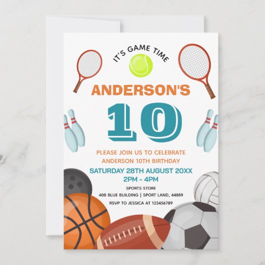 カスタムスポーツをテーマにした子供の誕生日パーティー 招待状 (正面)