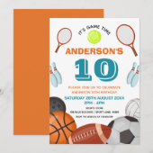 カスタムスポーツをテーマにした子供の誕生日パーティー 招待状 (正面/裏面)