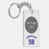 カスタムスポーツチームロゴ&名前ジャージー番号ブルー キーホルダー (正面左)