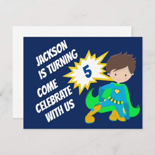 カスタムスーパーヒーローアクションヒーロー子供の誕生日パーティー 招待状 (正面/裏面)