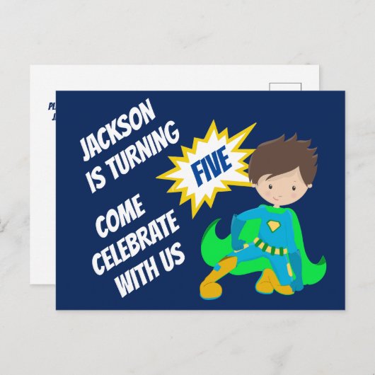 カスタムスーパーヒーロー男子誕生日パーティー招待状 ポストカード (正面/裏面)