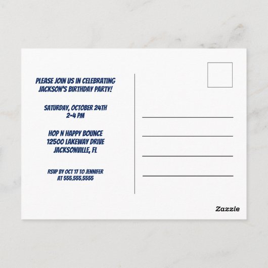 カスタムスーパーヒーロー男子誕生日パーティー招待状 ポストカード (裏面)