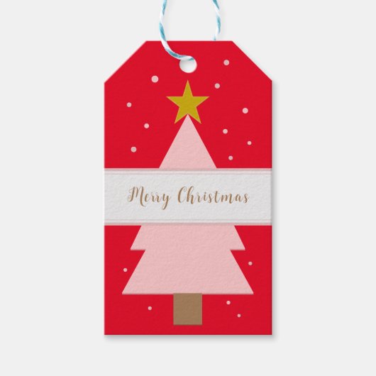 カスタムソロピンクのクリスマスツリー、ゴールデンスターレッド ギフトタグ (正面)