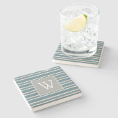 カスタムターコイズとグレーのモノグラムストライプの ストーンコースター (横)