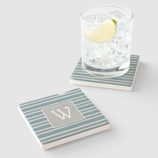 カスタムターコイズとグレーのモノグラムストライプの ストーンコースター (横)