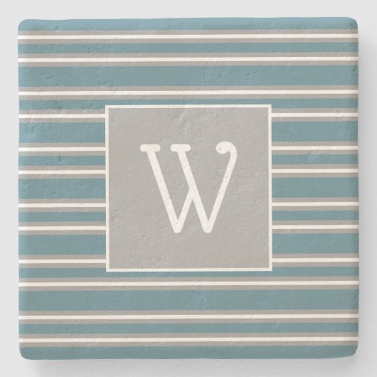 カスタムターコイズとグレーのモノグラムストライプの ストーンコースター (正面)