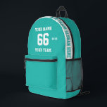 カスタムターコイズの青い名前、番号、チームスポーツ プリントバックパック<br><div class="desc">独自のターコイズライトブルーカスタムスポーツサッカースタイルを作成する名前、番号、チーム名、スローガンと年と印刷されたバックパック。このクラシックシンプルをパーソナライズするBackpackテンプレートをカスタム印刷したメッセージ、名前、チーム名、年。スポーツの記念品として簡単にクールカスタマイズする。コーチ、ユニーク男の子の誕生日、サッカー選手、チームメイトや友達のためのギフトを作成する。</div>
