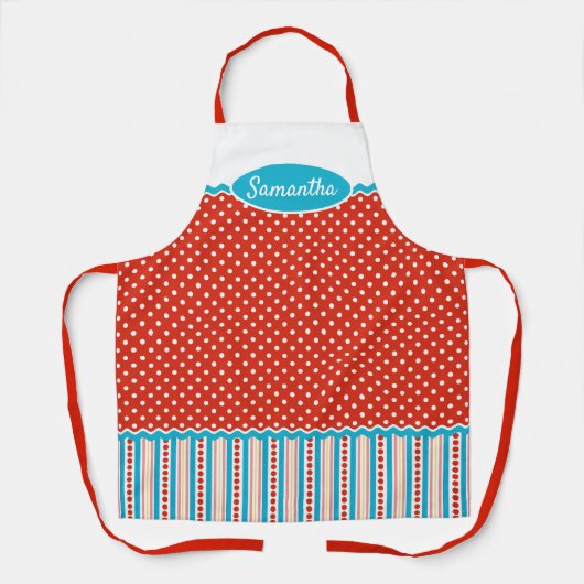 カスタムターコイズブルーストライプレッドホワイト水玉模様 エプロン (正面)