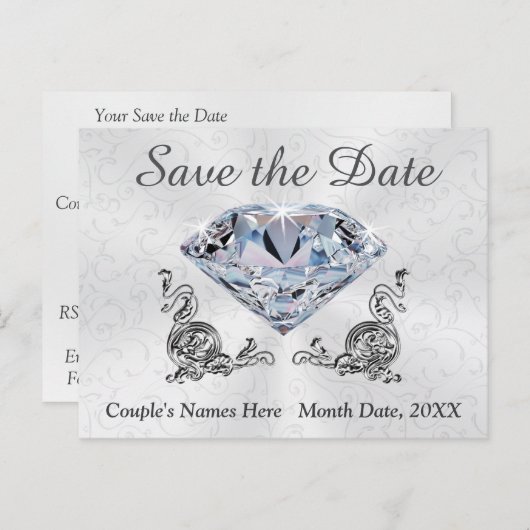 カスタムダイヤモンドウェディング日付ポストカードを保存 案内ポストカード (正面/裏面)