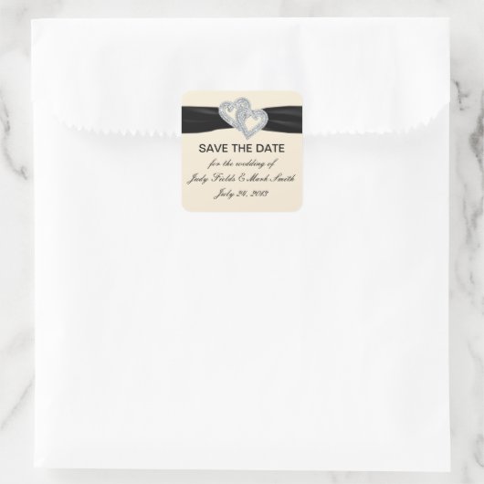 カスタムダイヤモンドブラックリボン日付ステッカーを保存 スクエアシール (バッグ)