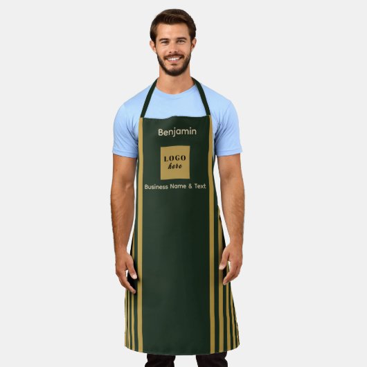 カスタムダークグリーン&金ゴールドストライプ エプロン (着用した状態)