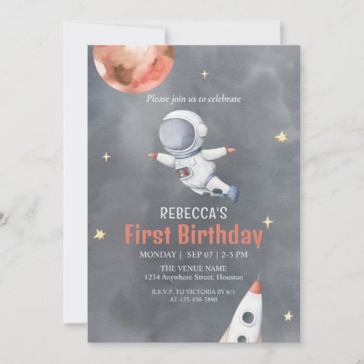 カスタムダークグレーブラック宇宙飛行士宇宙テーマ 招待状 (正面)