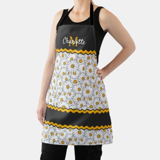 カスタムダークグレー白黒イエローデイジーパターン エプロン (インサイチュ)