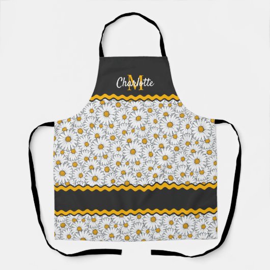 カスタムダークグレー白黒イエローデイジーパターン エプロン (正面)