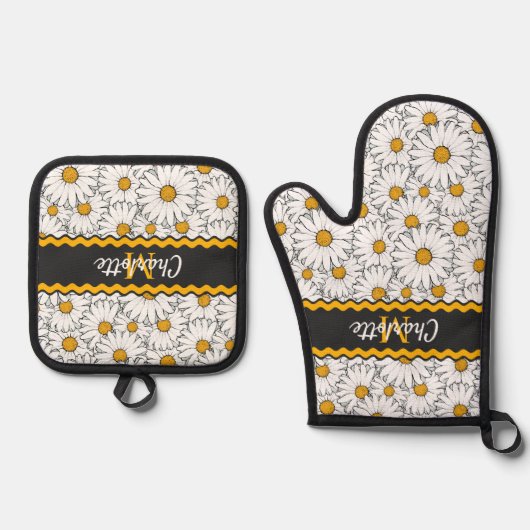 カスタムダークグレー白黒イエローデイジーパターン 鍋つかみ&鍋敷きセット (正面)