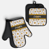 カスタムダークグレー白黒イエローデイジーパターン 鍋つかみ&鍋敷きセット