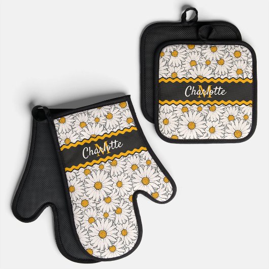 カスタムダークグレー白黒イエローデイジーパターン 鍋つかみ&鍋敷きセット