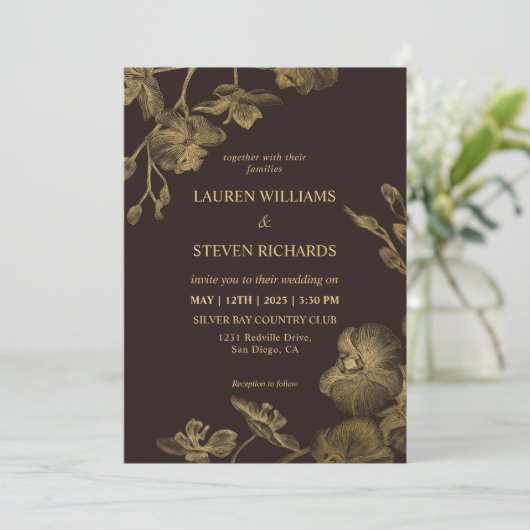 カスタムダークチョコレートブラウン結婚金ゴールド 招待状 (スタンド正面)