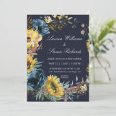 カスタムダークネイビーブルーサンフラワーズ&リース結婚ズ 招待状 (スタンド正面)