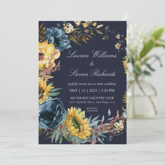 カスタムダークネイビーブルーサンフラワーズ&リース結婚ズ 招待状 (スタンド正面)