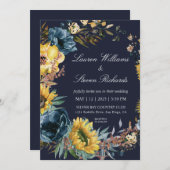 カスタムダークネイビーブルーサンフラワーズ&リース結婚ズ 招待状 (正面/裏面)