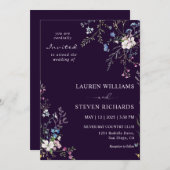 カスタムダークネイビーブルーホワイトブロッサム結婚ズ 招待状 (正面/裏面)