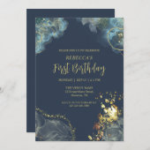 カスタムダークネイビーブルー金ゴールドプレミアムモノグラム 招待状 (正面/裏面)