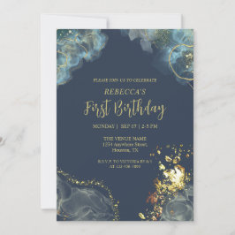 カスタムダークネイビーブルー金ゴールドプレミアムモノグラム 招待状