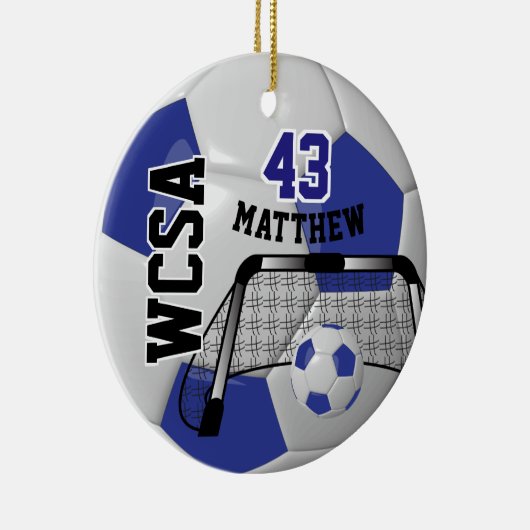 カスタムダークブルーとホワイトパーソナライズサッカーボール セラミックオーナメント (右)
