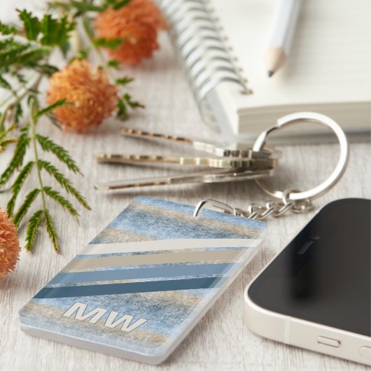 カスタムダークブルーグレータウペブラウンレトロストライプズ キーホルダー (正面右)