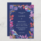 カスタムダークブルーパープル自然バードフラワー結婚ズ 招待状 (正面/裏面)