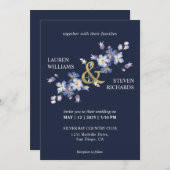 カスタムダークブルー紫色の花の装飾結婚の 招待状 (正面/裏面)