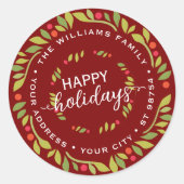 カスタムダークレッドホリーベリーグリーン葉リース ラウンドシール (正面)