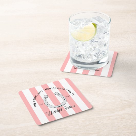 カスタムダービーパーティーピンクカバナストライプスホースシュー スクエアペーパーコースター (インサイチュ)