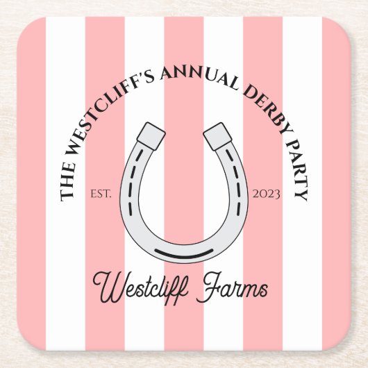 カスタムダービーパーティーピンクカバナストライプスホースシュー スクエアペーパーコースター (正面)