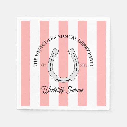 カスタムダービーパーティーピンクカバナストライプスホースシュー スタンダードカクテルナプキン (正面)
