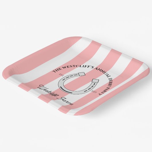 カスタムダービーパーティーピンクカバナストライプスホースシュー ペーパープレート (傾斜あり)