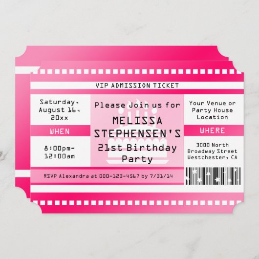 カスタムチケットピンク誕生日パーティー入場券 招待状 (正面/裏面)