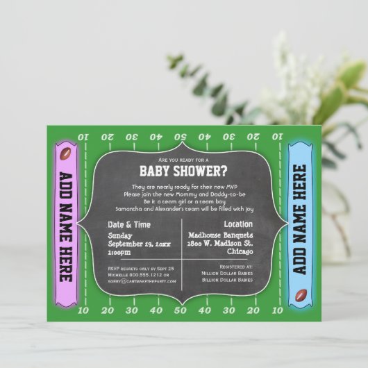 カスタムチームサッカーをテーマにしたベビーシャワー招待状 招待状 (スタンド正面)