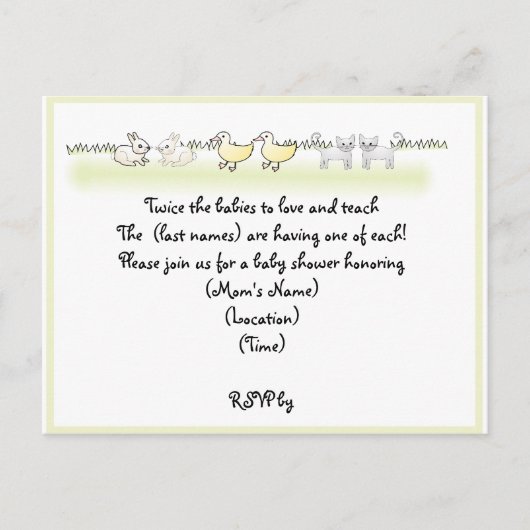 カスタムツイン動物赤ちゃんシャワー招待状 インビテーションポストカード (正面)