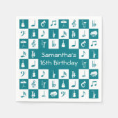 カスタムティール(緑がかった色)とホワイトミュージックのノートと楽器 スタンダードカクテルナプキン (正面)