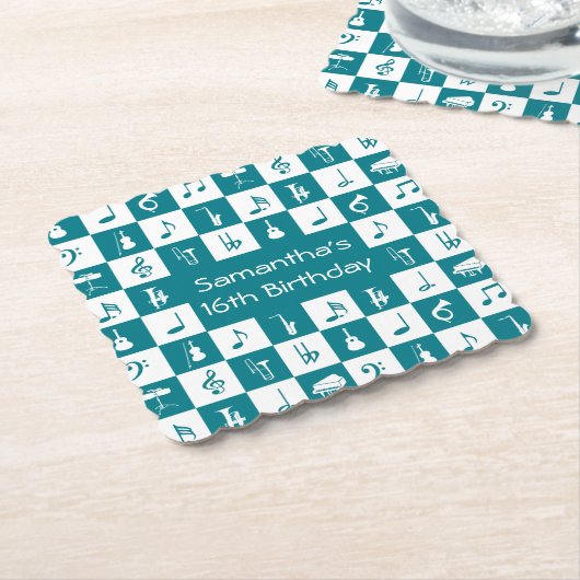 カスタムティール(緑がかった色)とホワイトミュージックのノートと楽器 ペーパーコースター (アングル)